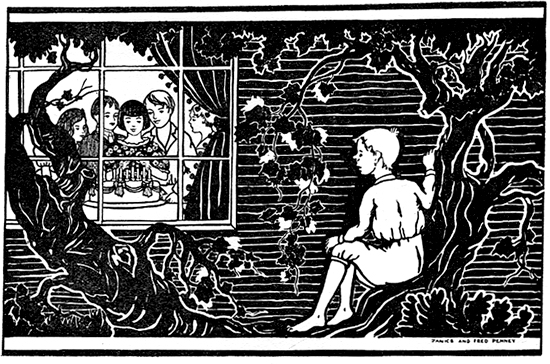 An etching of a boy sitting in a tree looking through a window at a birthday party