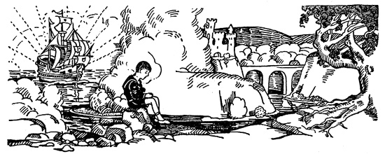 A boy sits on a rock, images from his imagination surrounding him