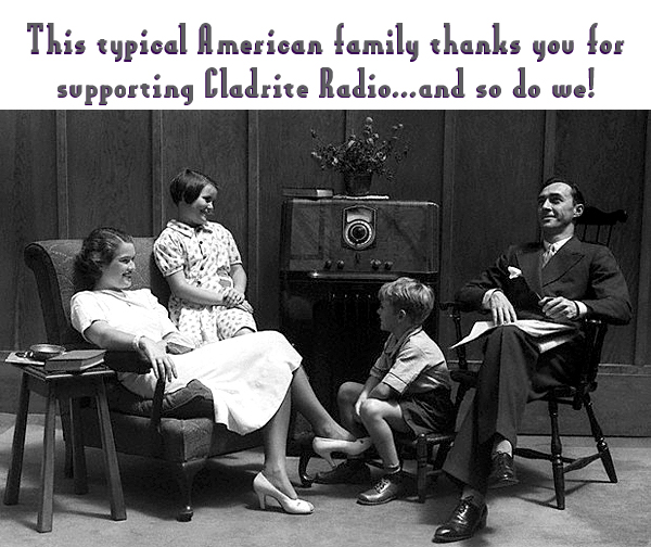 A 1930s family gathered around a console radio, with a thank-you message