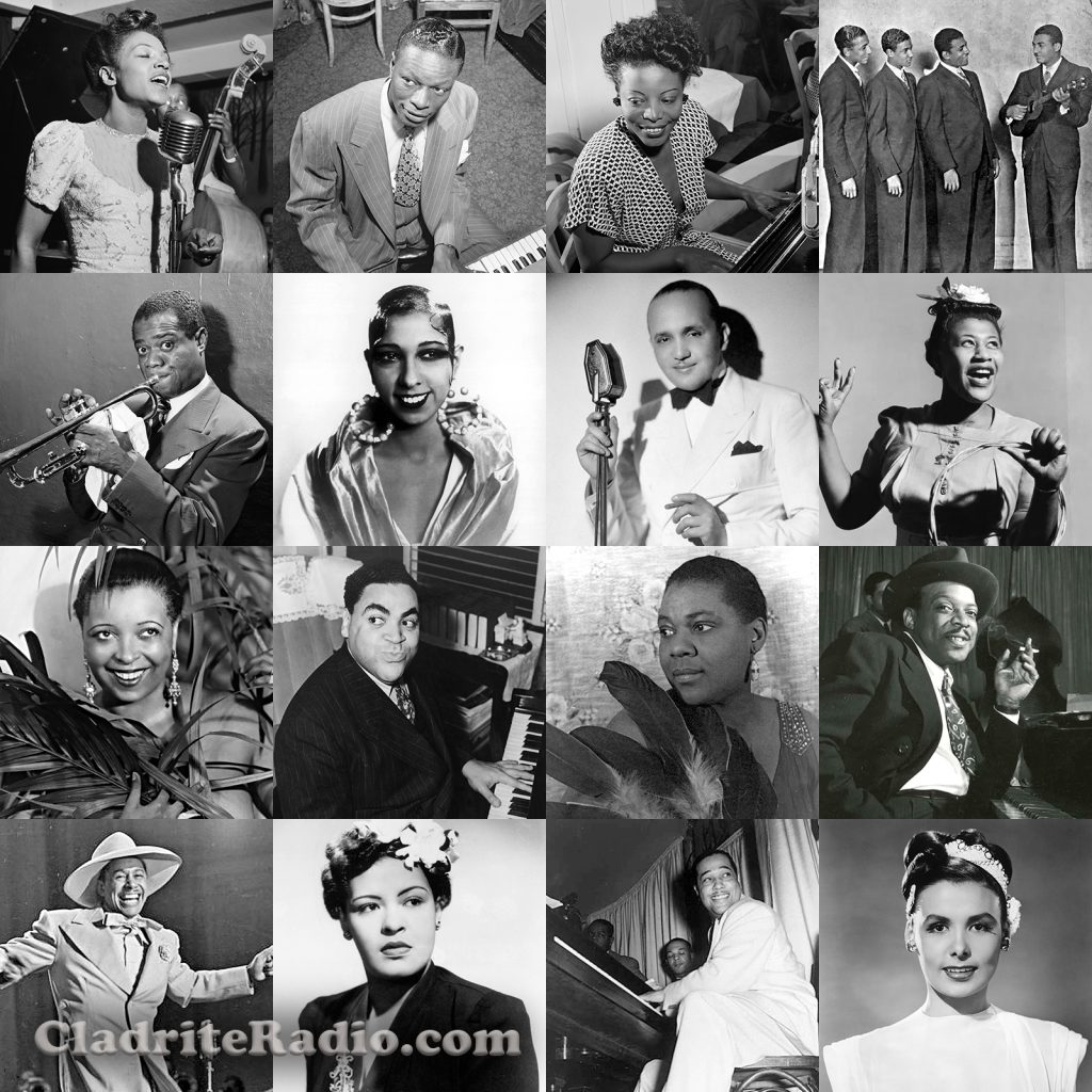 16 legendary African-American musicians: Maxine Sullivan, Nat "King" Cole, Mary Lou Williams, The Mills Brothers, Louis Armstrong, Josephine Baker, Fletcher Henderson, Ella Fitzgerald, Ethel Waters, Fats Waller, Bessie Smith, Count Basie, Cab Calloway, Billie Holiday, Duke Ellington, Lena Horne